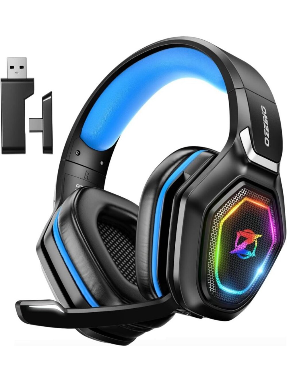 Wireless Gaming Headset with Flip Mic, RGB Light, 40Hr Battery for PS5, PC